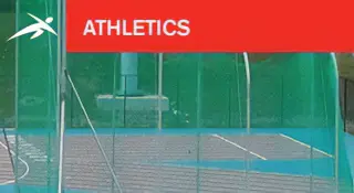 Athletics track and field area with cage in the foreground. A red banner at the top says ATHLETICS alongside the HiTech logo.