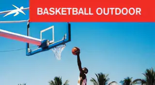 Outdoor basketball hoop under a clear blue sky with palm trees in the background. A player is mid-jump shot. A red banner at the top reads “BASKETBALL OUTDOOR” with HiTech’s logo.