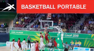 Professional basketball portable hoop system in an arena game. A red banner at the top reads “BASKETBALL PORTABLE” with HiTech’s logo.