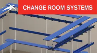 Blue bench seating and coat hook structures inside a change room. A red banner at the top reads “CHANGE ROOM SYSTEMS” with HiTech’s logo.