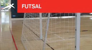 Futsal goal with net on a polished timber court. A red banner at the top reads “FUTSAL” with HiTech’s logo.